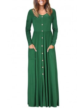 Green V Neck Button Up Long Sleeve Pocket Casual Maxi Dress