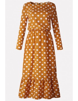 Yellow Polka Dot Round Neck Long Sleeve Casual Maxi Dress
