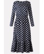 Dark-blue Polka Dot Round Neck Long Sleeve Casual Maxi Dress