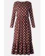 Coffee Polka Dot Round Neck Long Sleeve Casual Maxi Dress