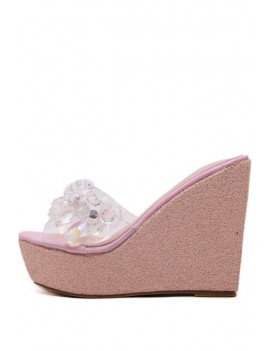 Pink Rhinestone Peep Toe Wedge Sandals