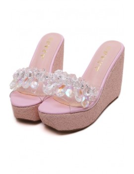 Pink Rhinestone Peep Toe Wedge Sandals